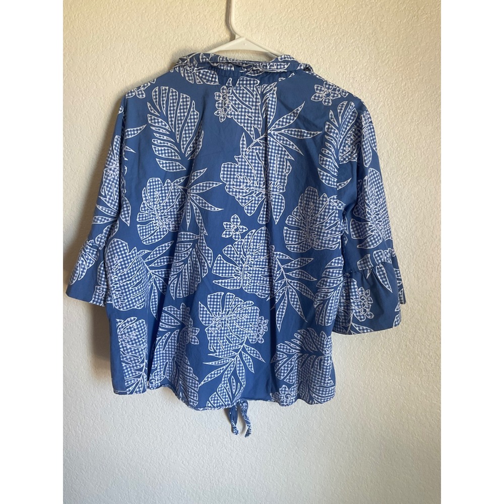Christopher & Banks Blue White Floral Gingham Tie Front Bell Sleeve Top XL - Picture 5 of 8